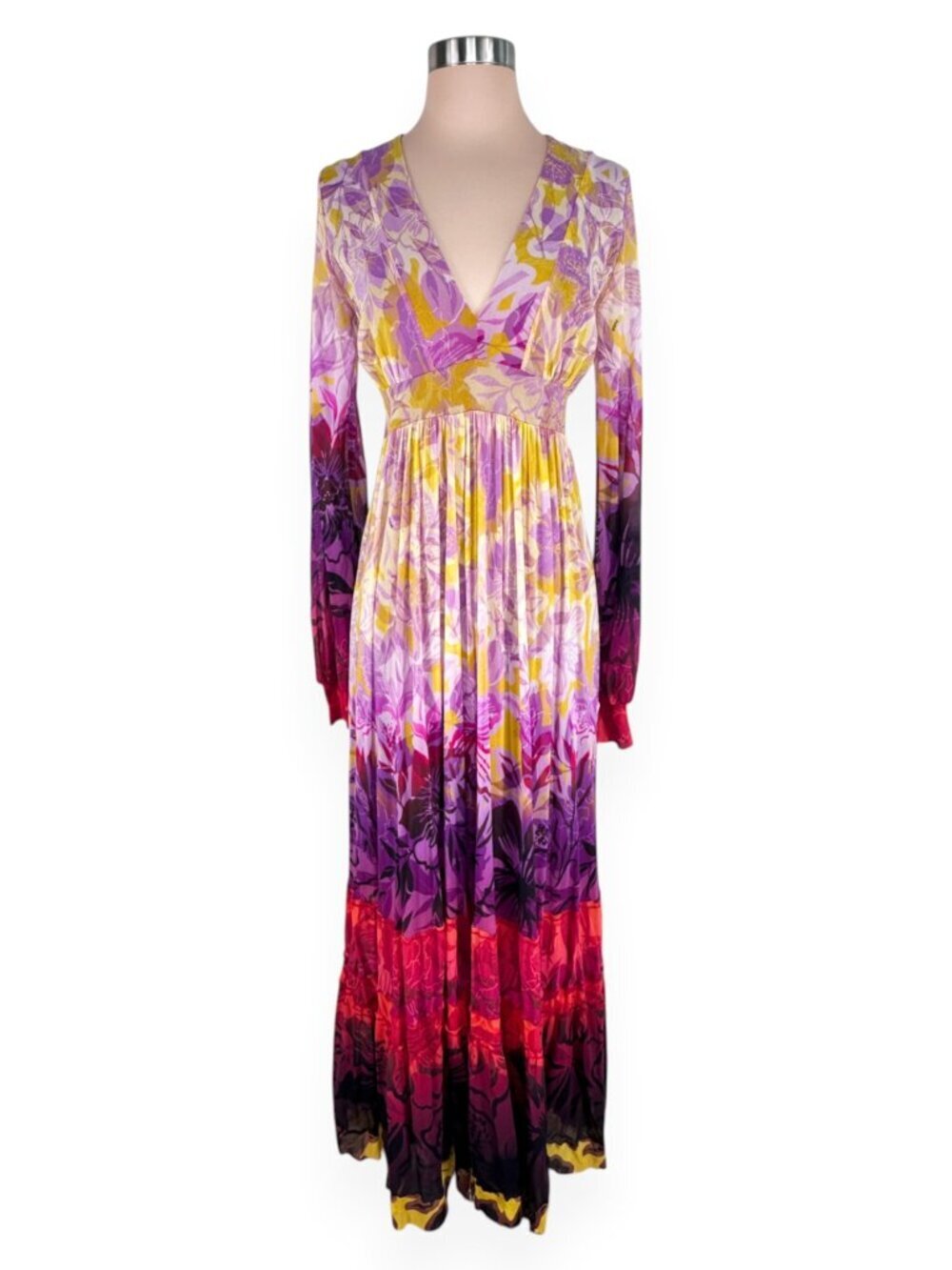 Fuzzi Gaultier Degrade Multicolor Floral Ombre Long Sleeve Maxi Dress NWT New XL - Picture 2 of 7